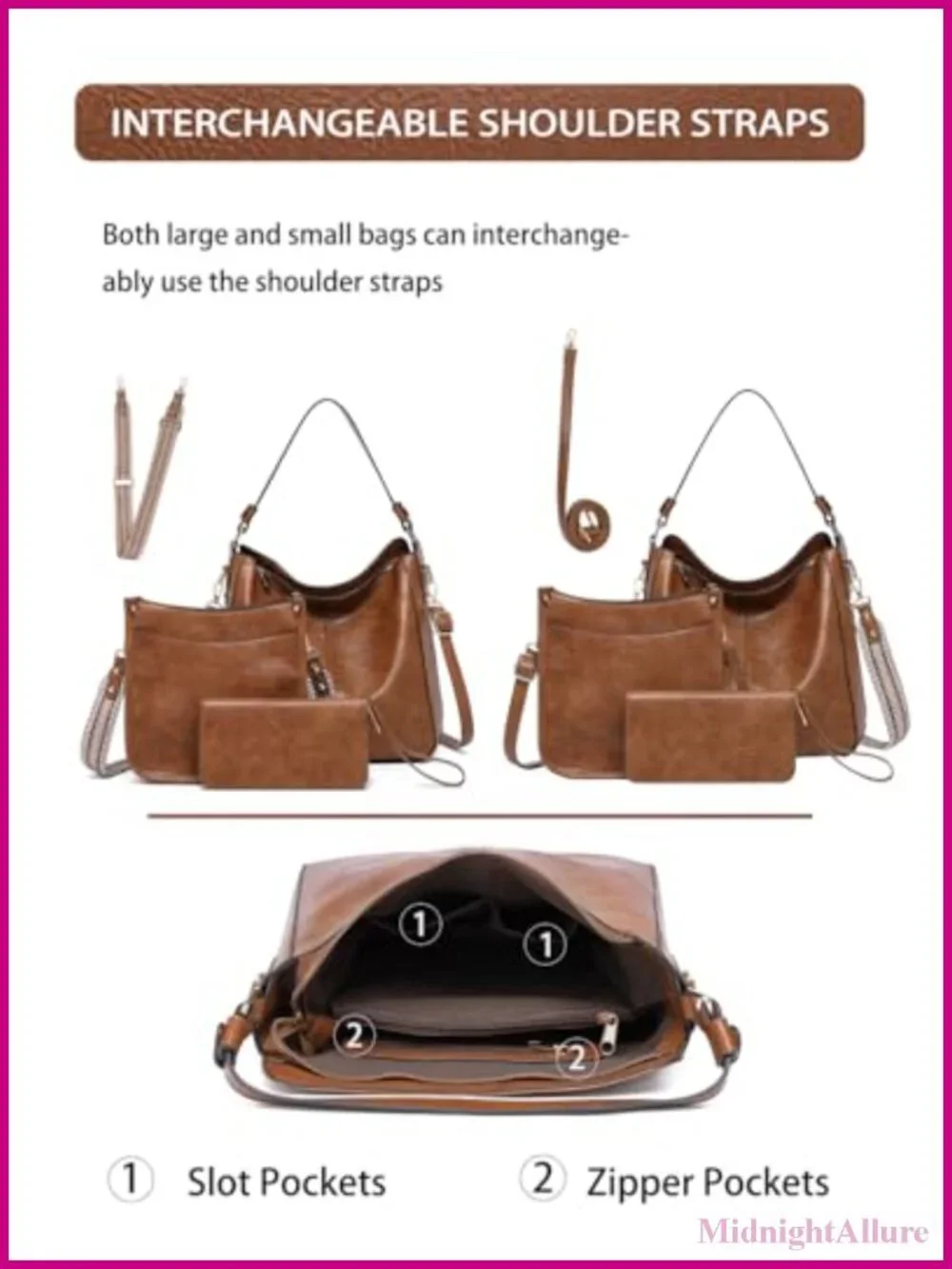 3PCS Vegan Leather Hobo Crossbody Bag Set with Wallet Guitar Strap